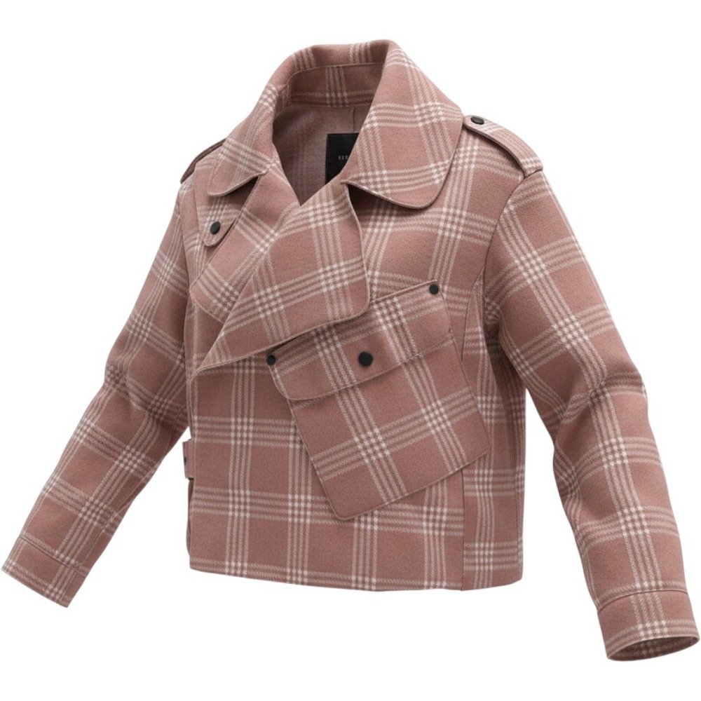 Mohito EU 36 US Sm Womens Pink Plaid Belted Moto Jacket Oversized Lapel
